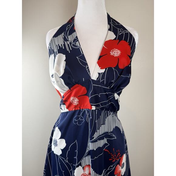 Vintage Hawaii Nei Blue Red Knit Hawaiian Floral 70’s Maxi Gown Halter Dress 14 - Picture 2 of 11